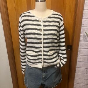 NWT Striped Gold Button Cardigan l Old Money Nautical Preppy l Sm l Chunky Knit